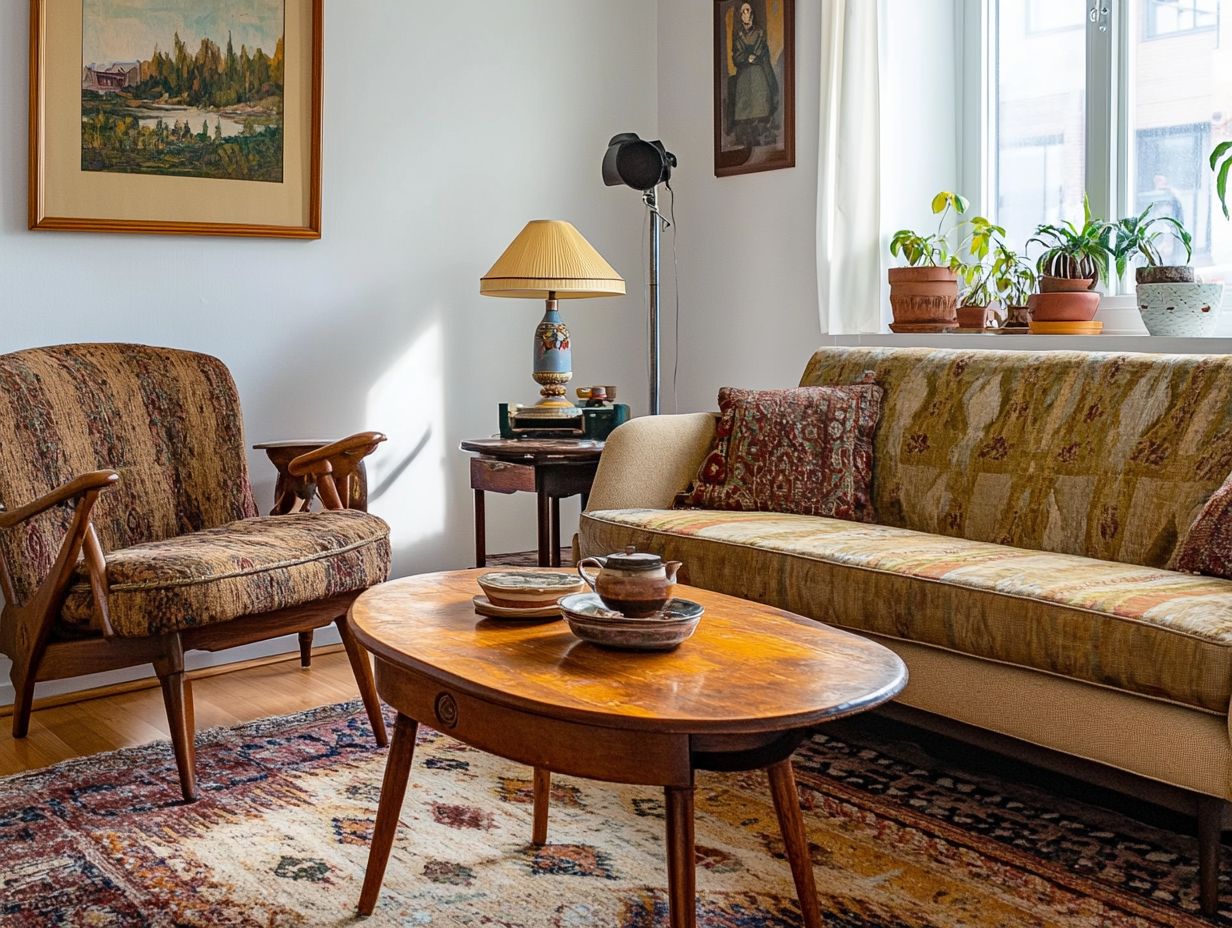 A variety of vintage furniture styles displayed in a home setting.