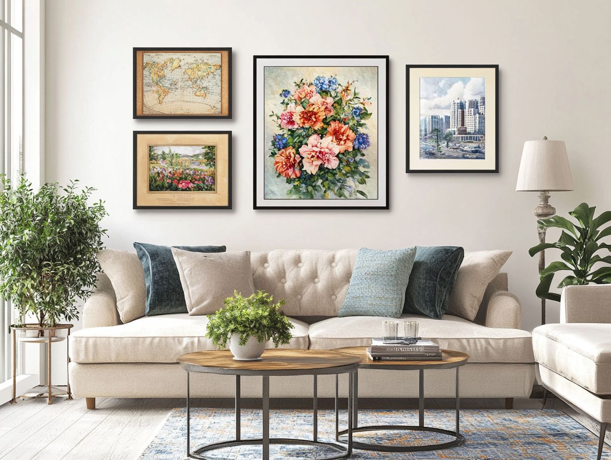 A collection of vintage wall art pieces in a living room