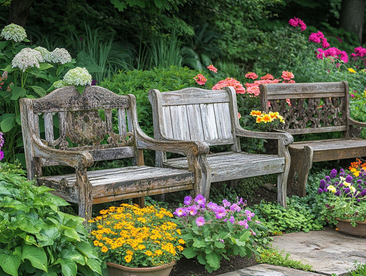 A collection of vintage garden benches in various styles