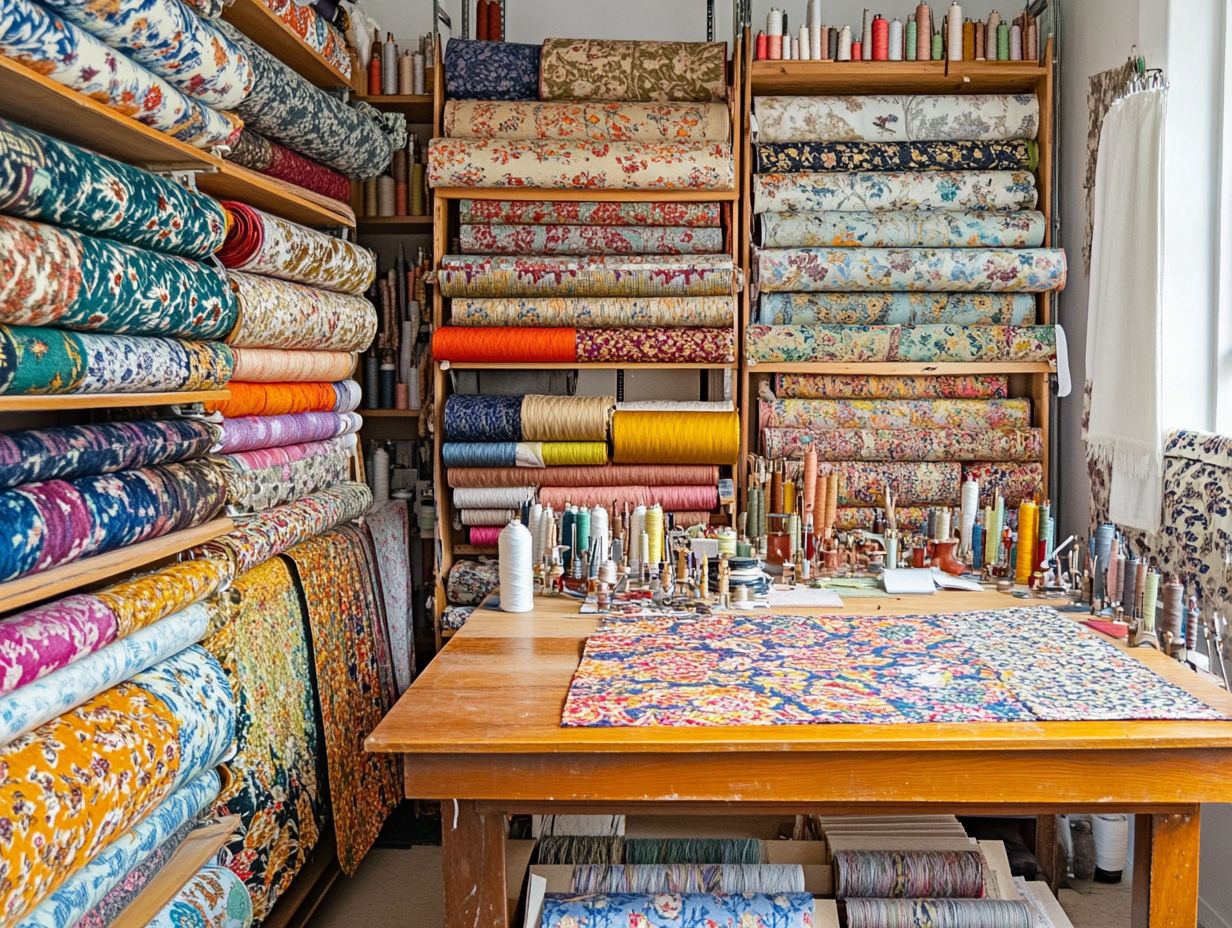 Vibrant vintage upholstery fabrics displayed in a local shop.