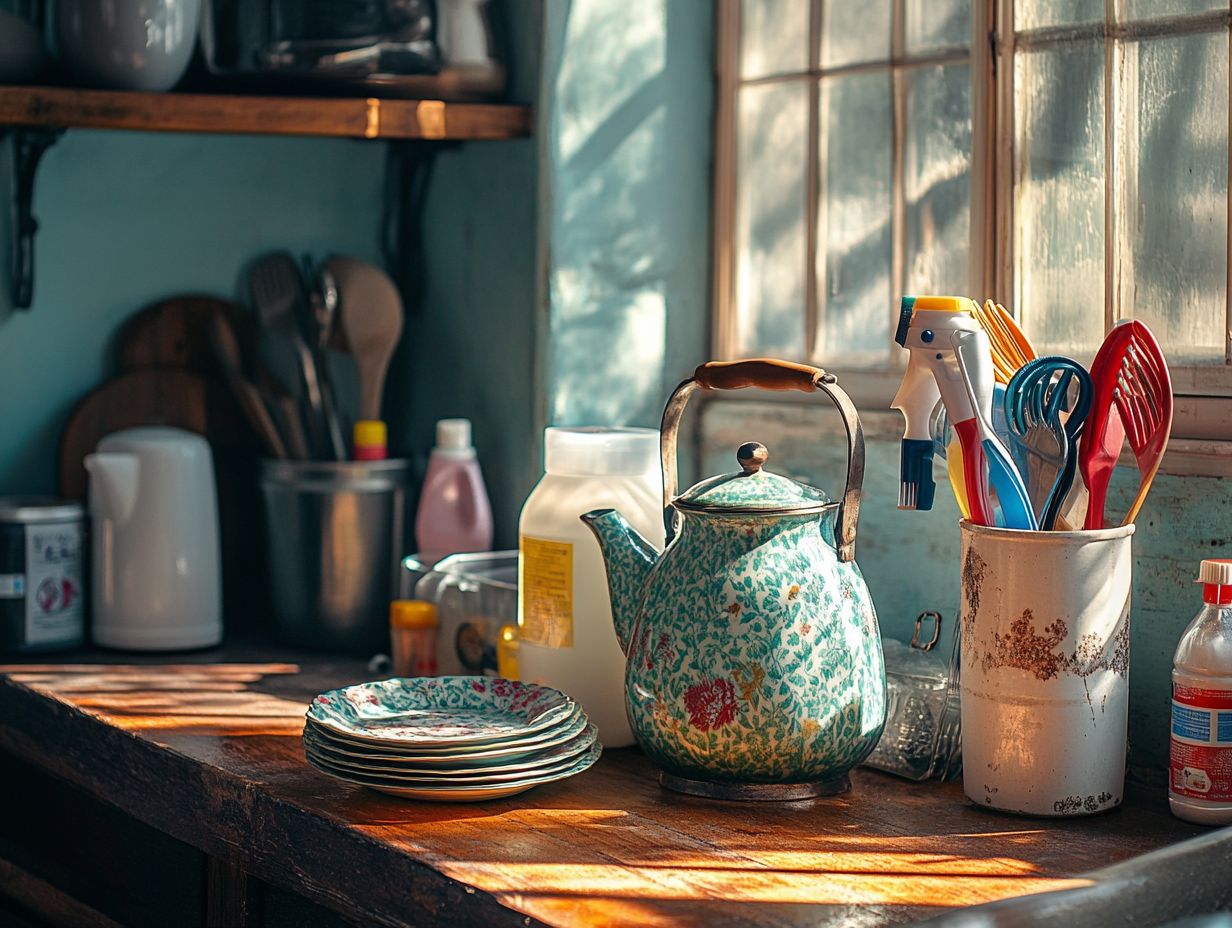 A variety of vintage kitchenware including toasters and dinnerware.