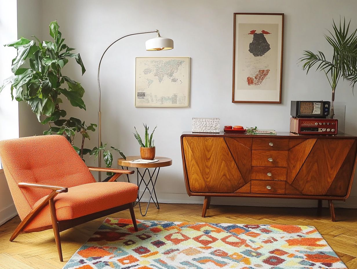 A collection of vintage furniture pieces in a cozy living room setting.