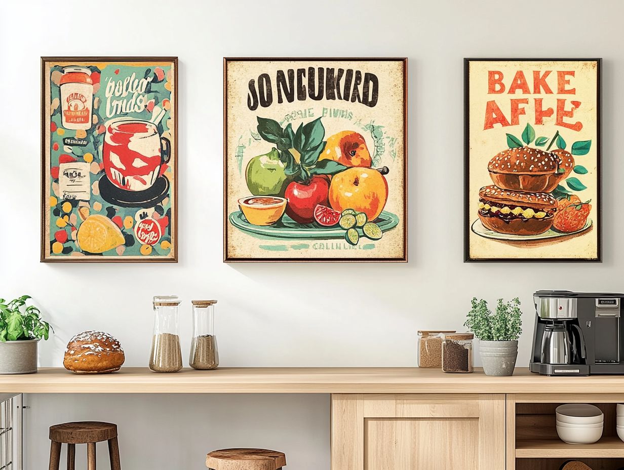 A beautiful display of vintage wall art in a stylish kitchen.