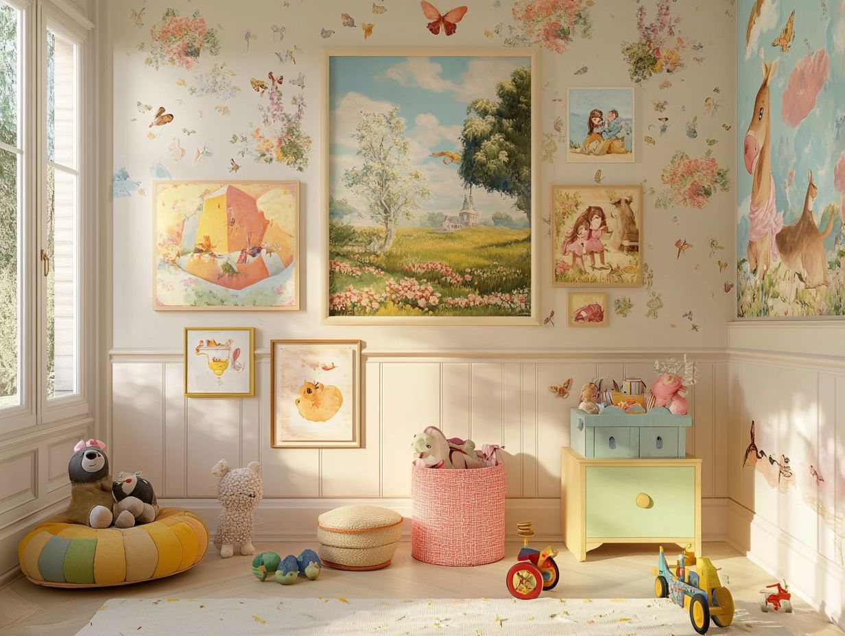 A collection of vintage wall art suitable for children's rooms