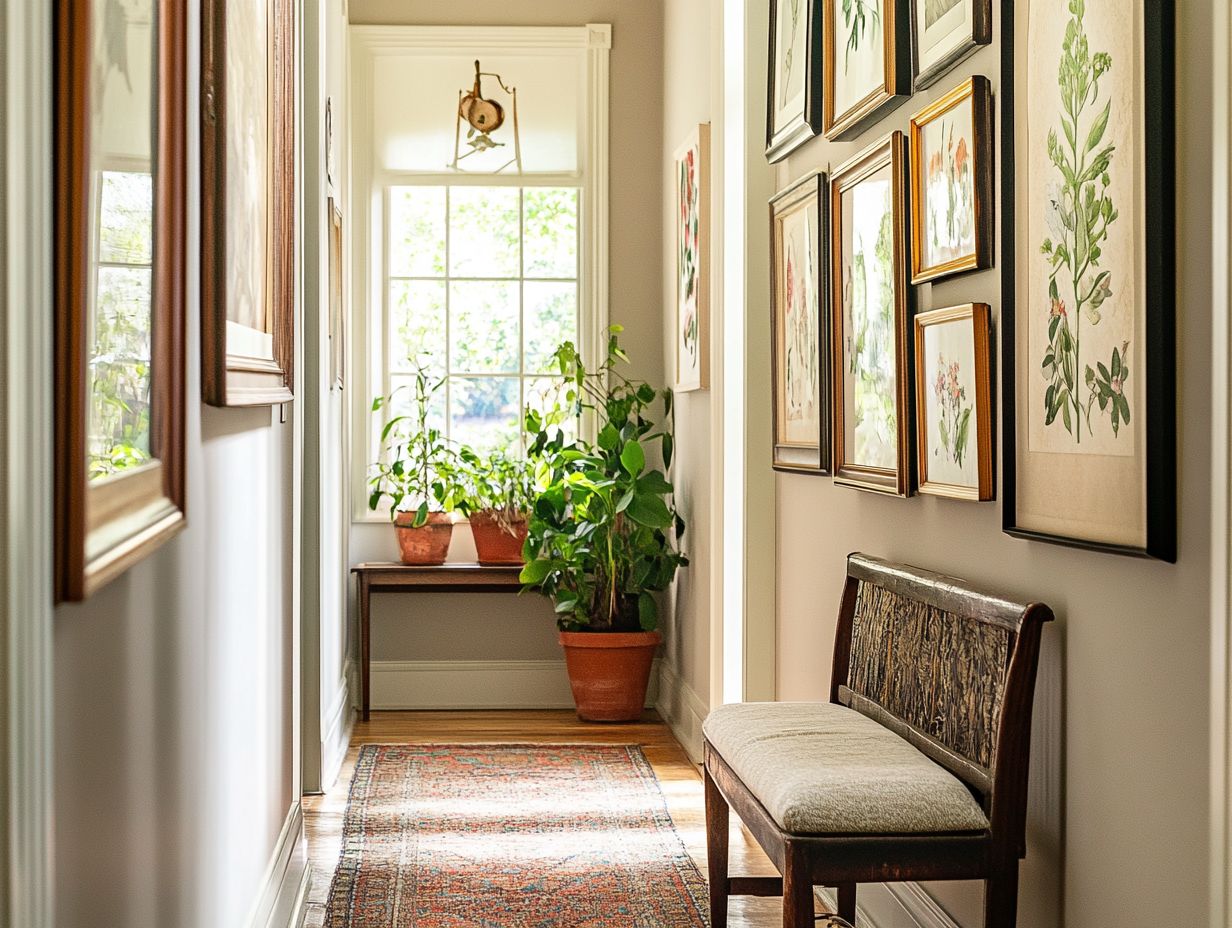 A hallway featuring various vintage art styles, showcasing a captivating and visually rich atmosphere.