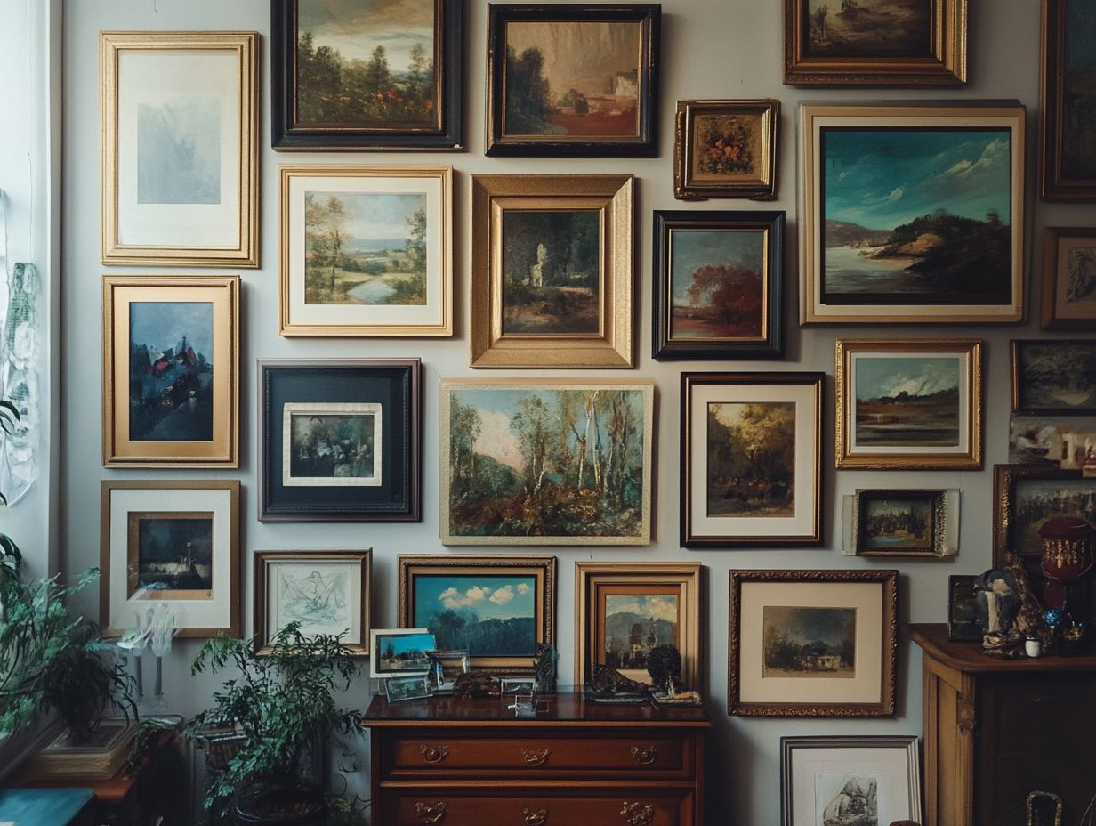 A beautifully arranged Gallery Wall featuring vintage art pieces.