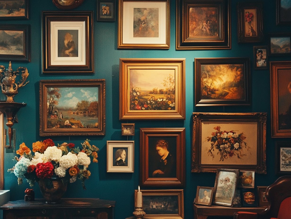 How do I select and arrange vintage art for a gallery wall?