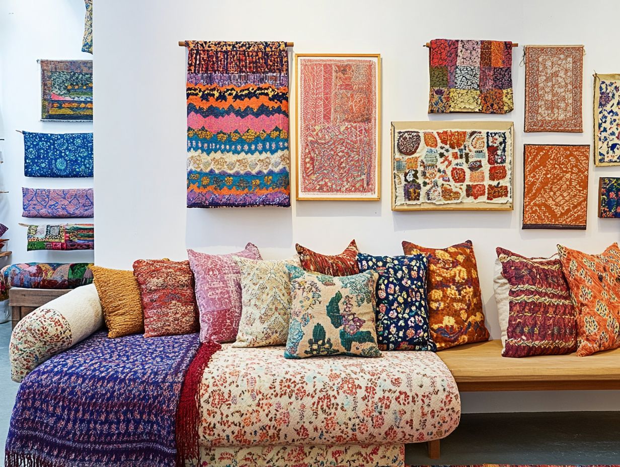 A vintage fabric gallery wall showcasing various frame styles and textures.