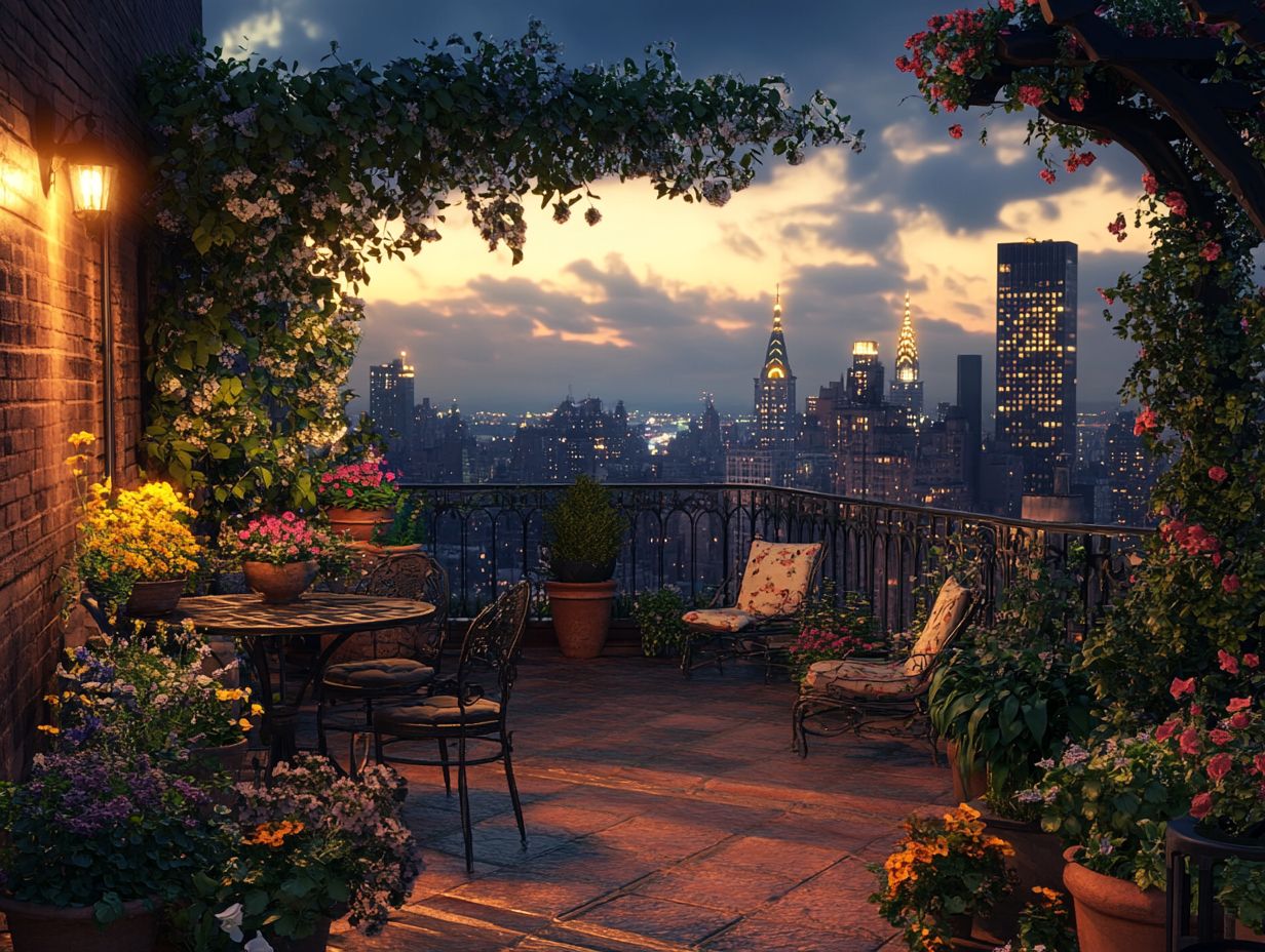 A beautiful vintage-inspired rooftop garden showcasing various plants and decor.