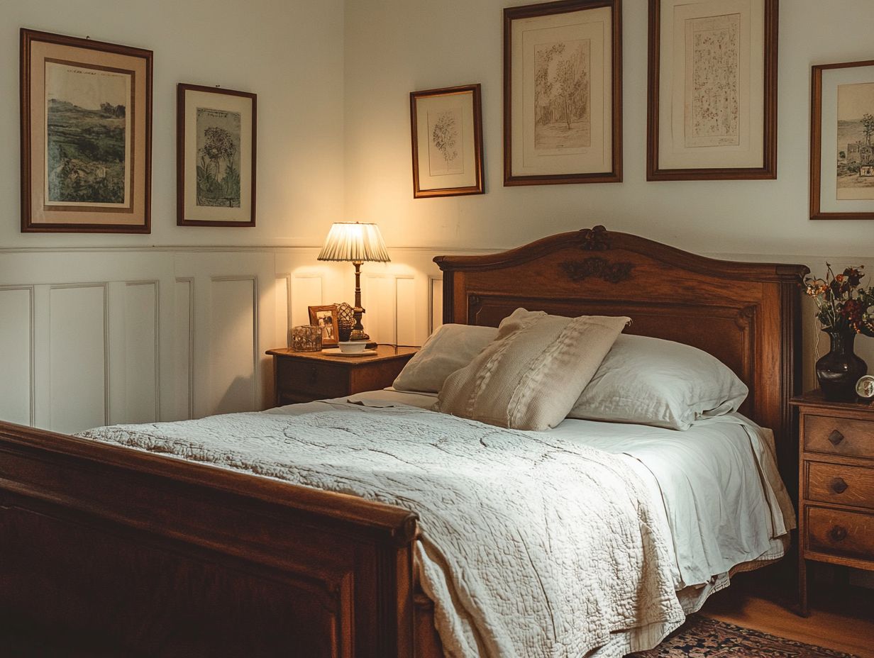 A beautifully arranged collection of vintage wall art displayed in a stylish bedroom.