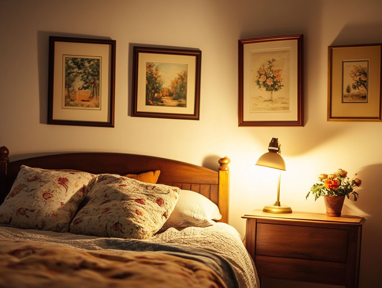 A stylish bedroom featuring vintage wall art