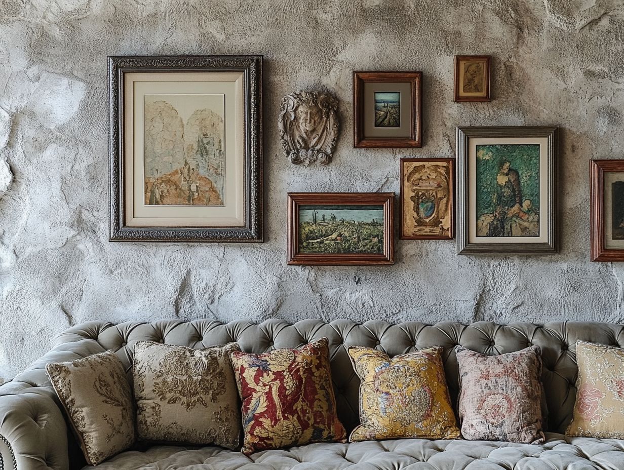 A beautifully arranged display of vintage wall art that enhances the room s decor.