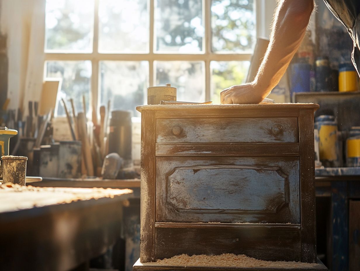 Image showing a person identifying necessary repairs on kitchen cabinets.