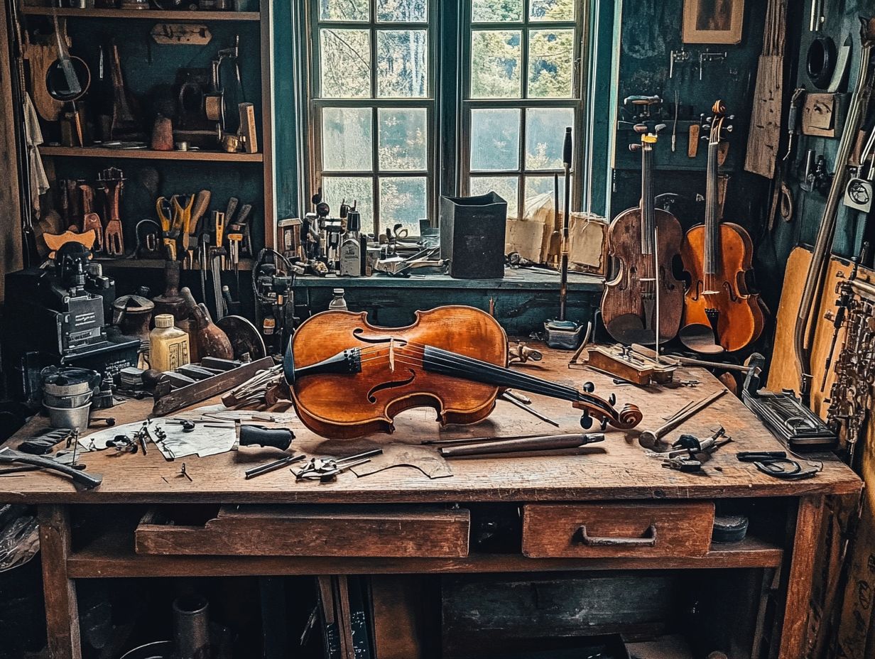 A selection of essential tools and materials for DIY musical instrument restoration