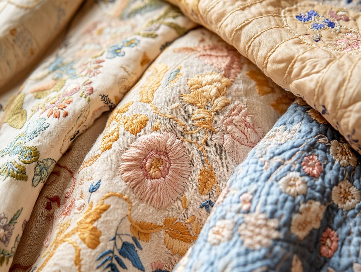 A collection of embroidered vintage fabrics showcasing their unique patterns.