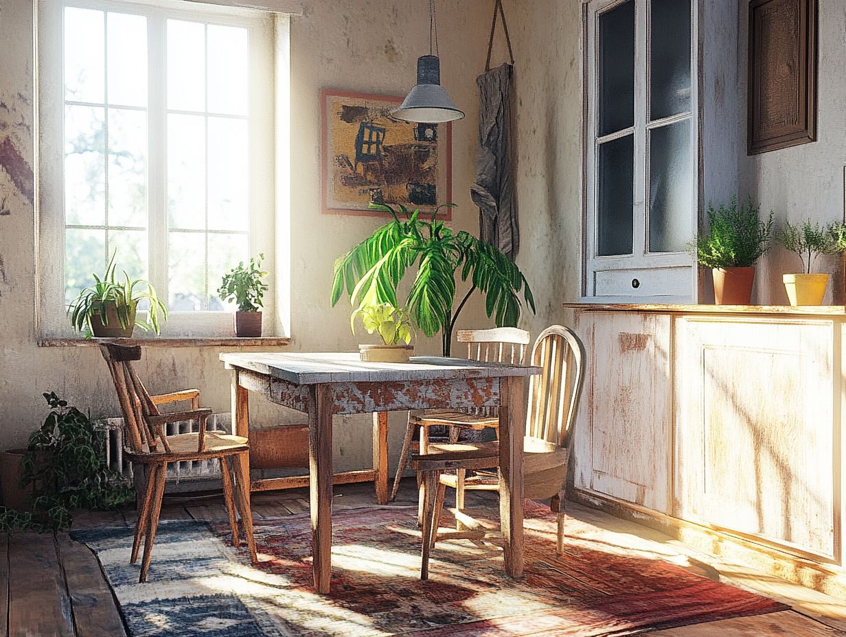 A beautifully arranged living space featuring rustic vintage furniture