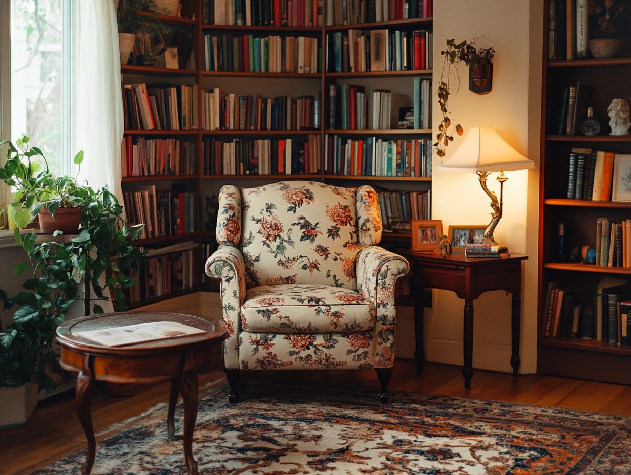 A cozy vintage-inspired living room showcasing elements from the 1920s to 1970s.