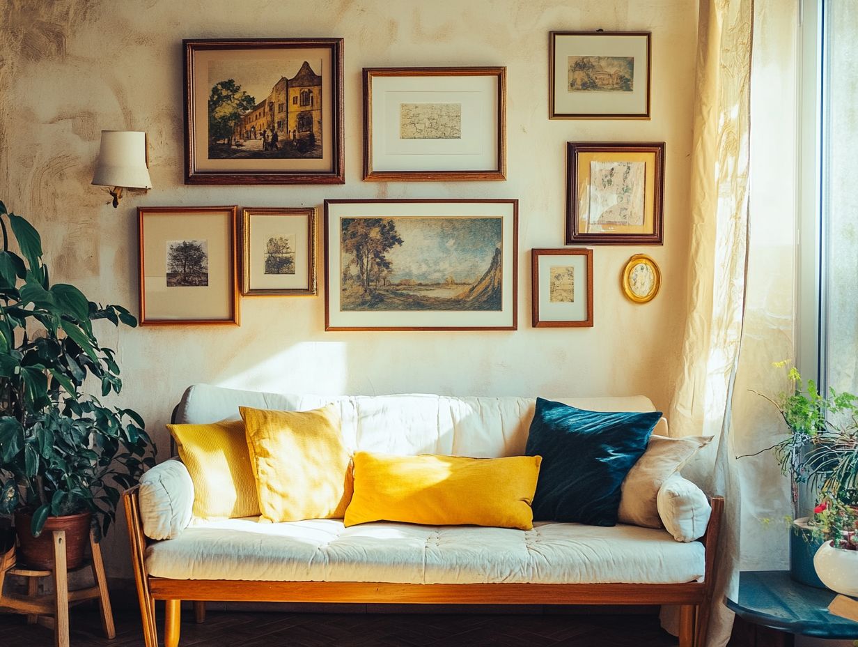 A variety of vintage wall art displayed in an antique store