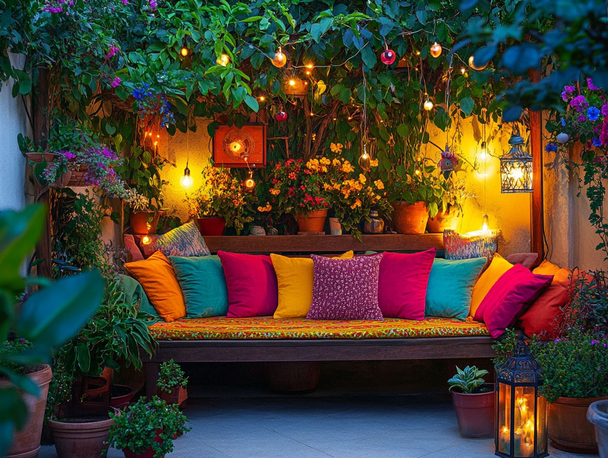 A variety of vintage outdoor decor showcasing garden furniture, lighting, and accessories