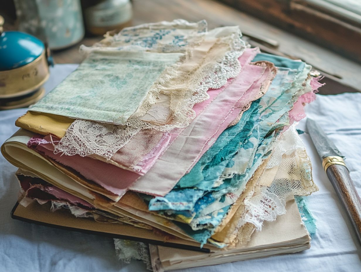 Vintage fabrics and trinkets for scrapbook embellishments