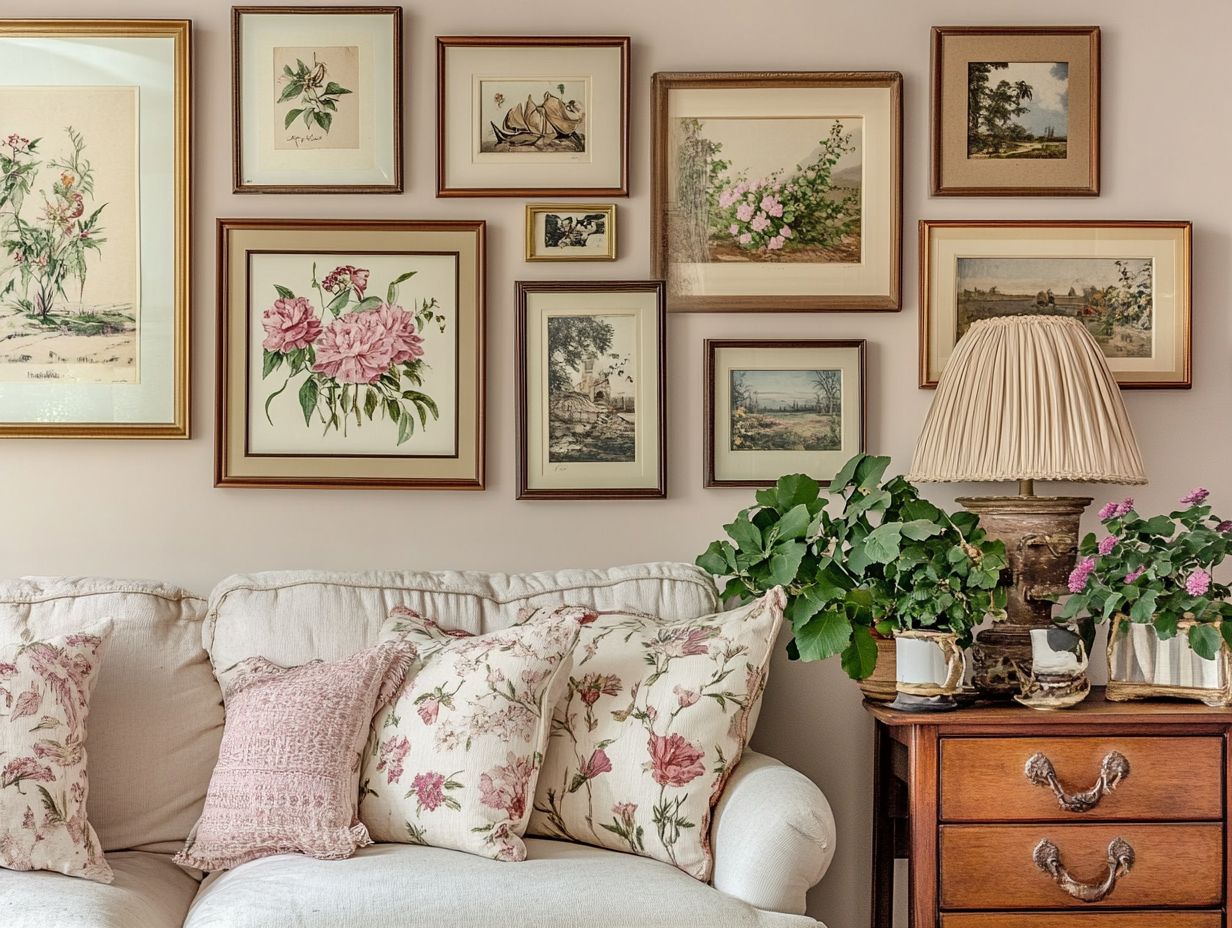 A beautifully arranged gallery wall featuring family photos and vintage art