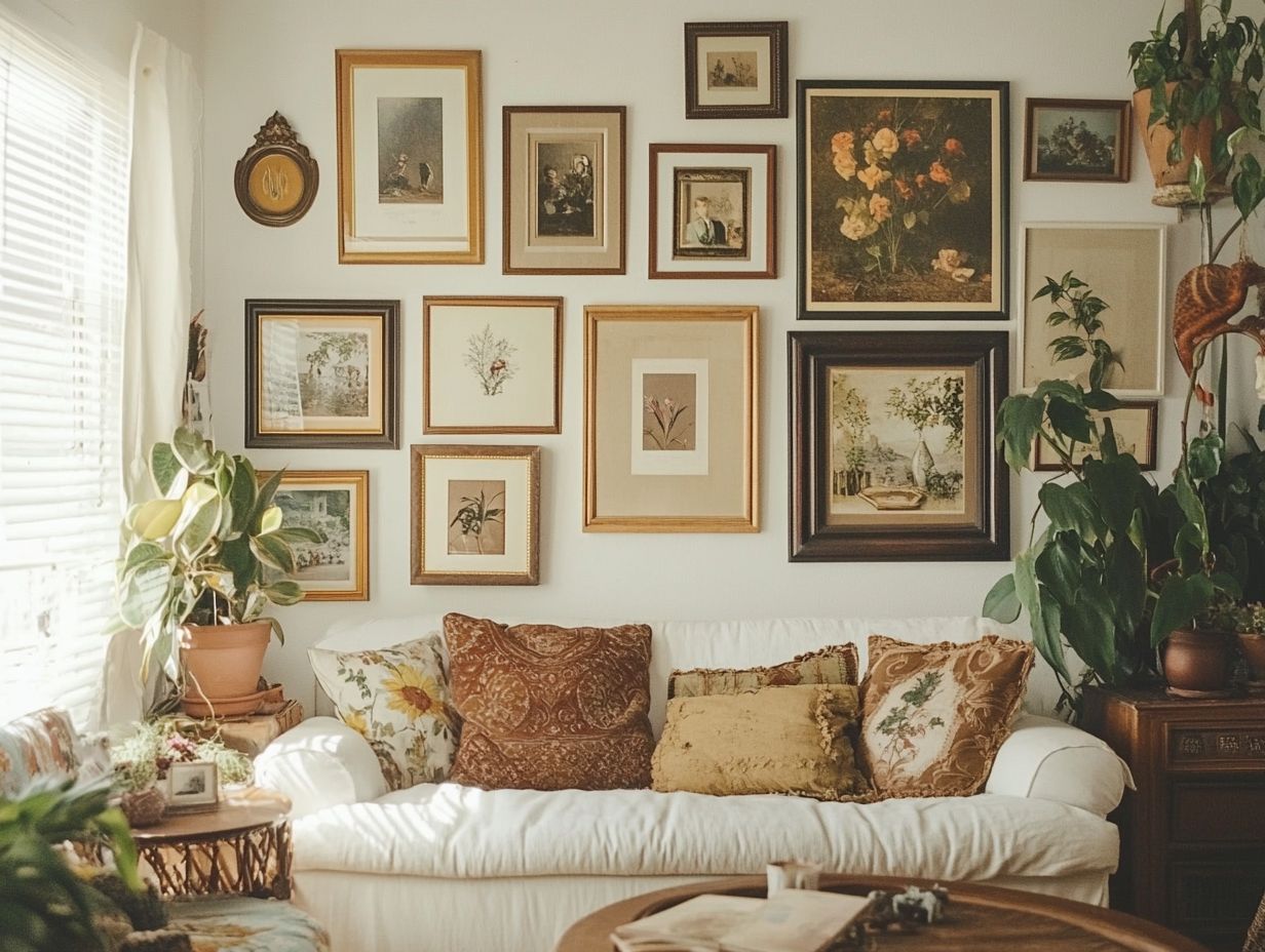 A vintage-inspired gallery wall showcasing antique frames and art