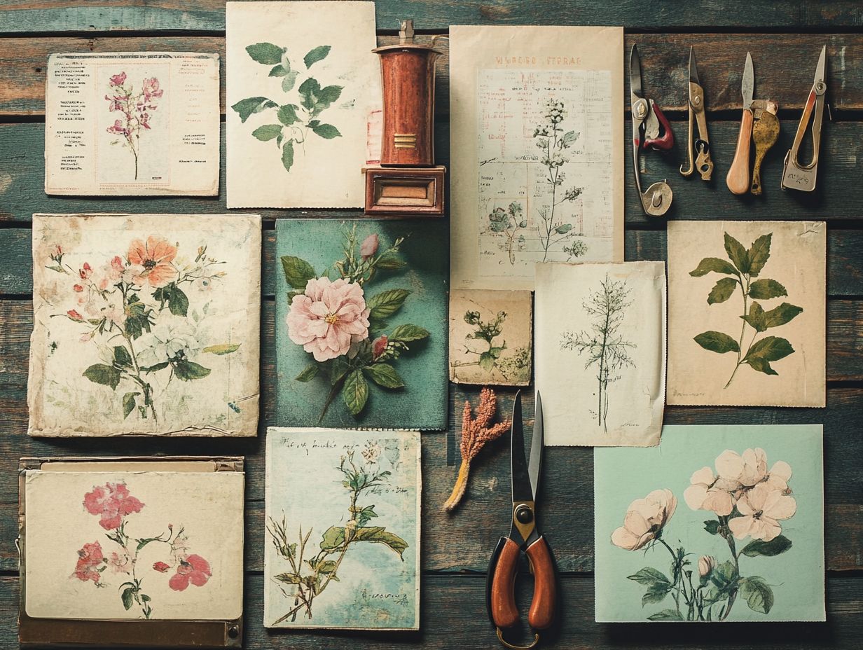 Mood board featuring vintage aesthetics, including rustic finishes and floral accents.