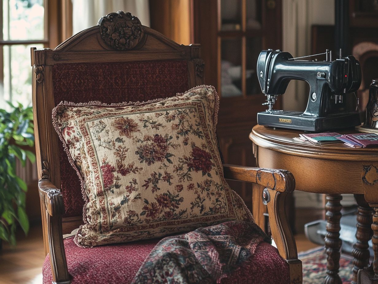 An assortment of vintage fabric cushions on a cozy sofa