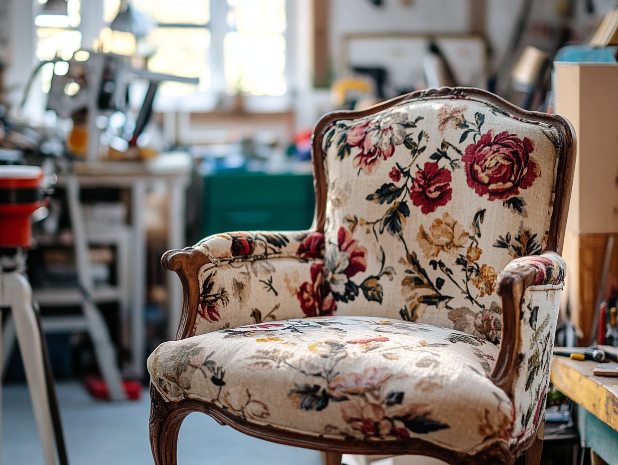 A step-by-step visual guide for preparing a chair for reupholstering.