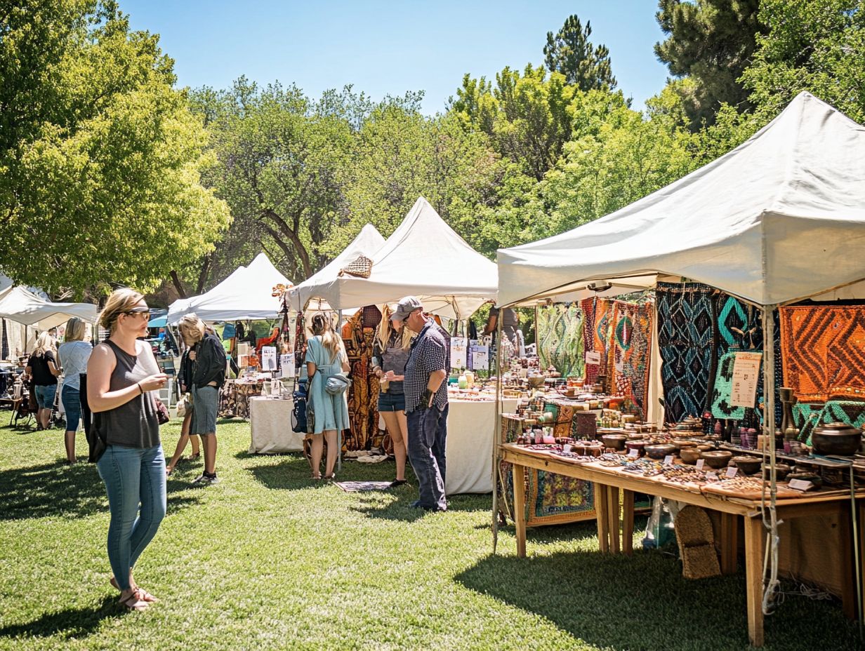 A vibrant display of handmade pottery and crafts at the Nutty Brown market