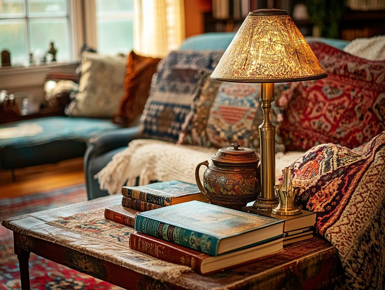 A cozy vintage living room featuring rustic furniture