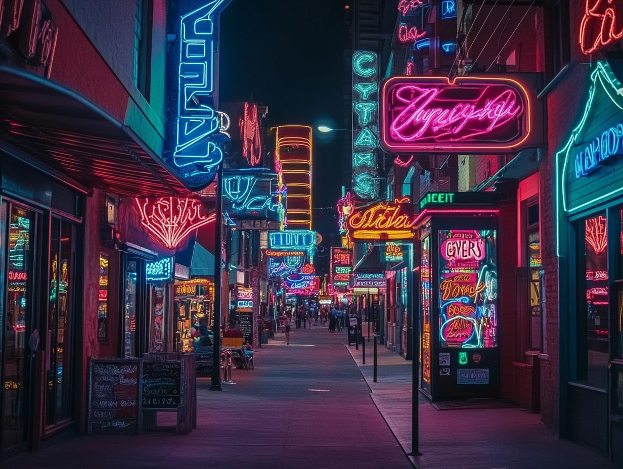 A collection of vintage neon signs displayed in an antique shop