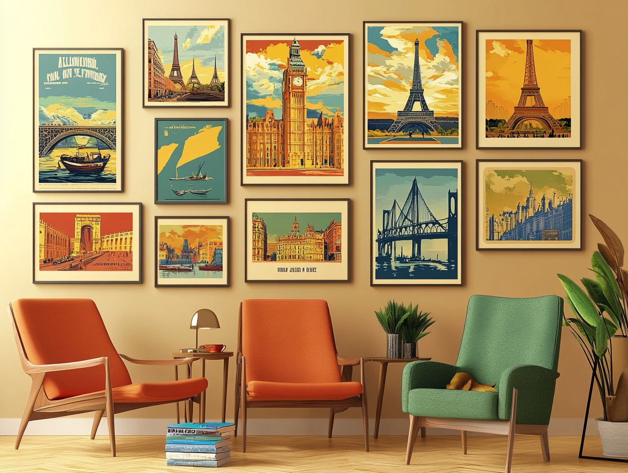 Vintage travel posters displayed as wall art.