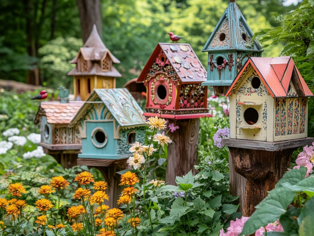 A whimsical birdhouse with a retro design, featuring vibrant colors and eclectic patterns.