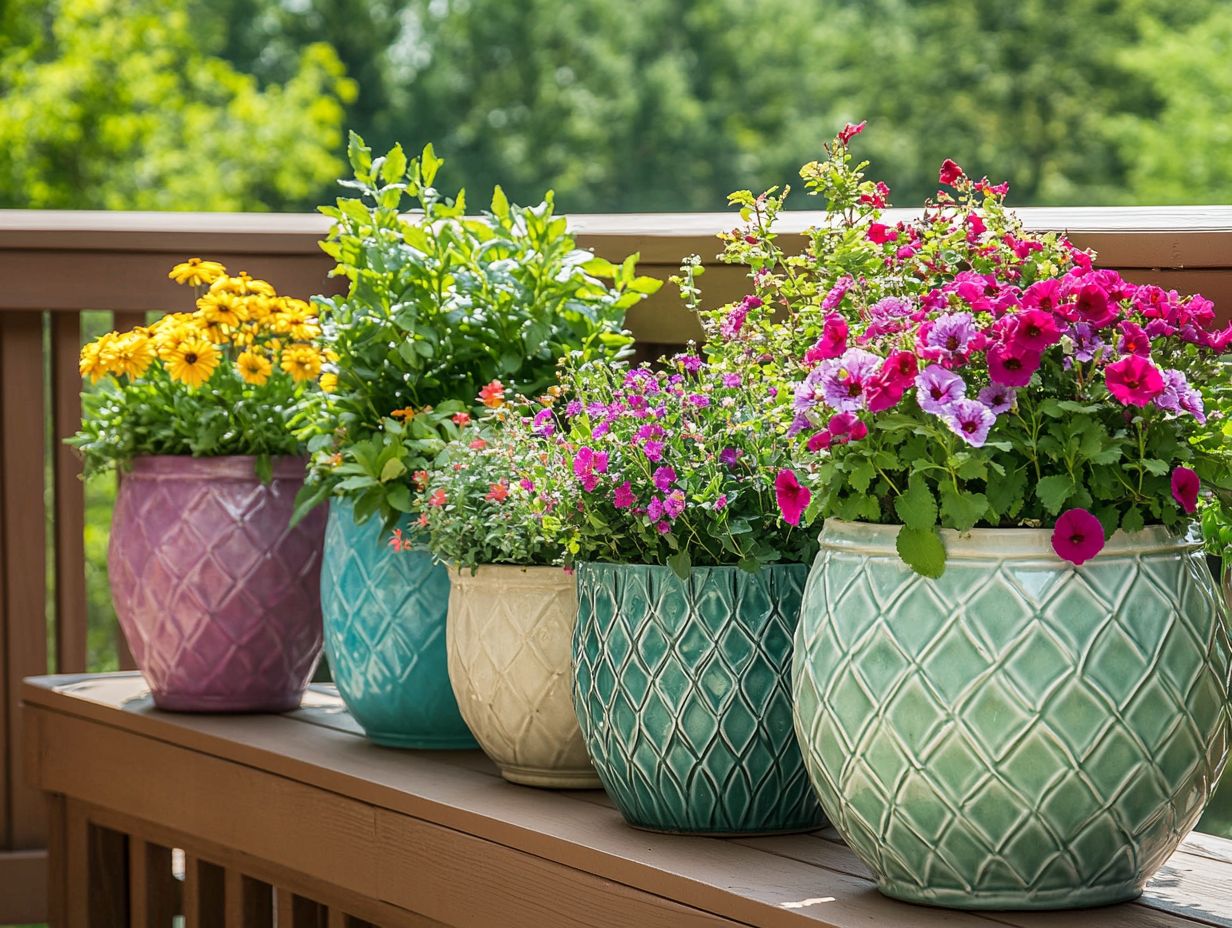 A colorful display of vintage planters on a patio.