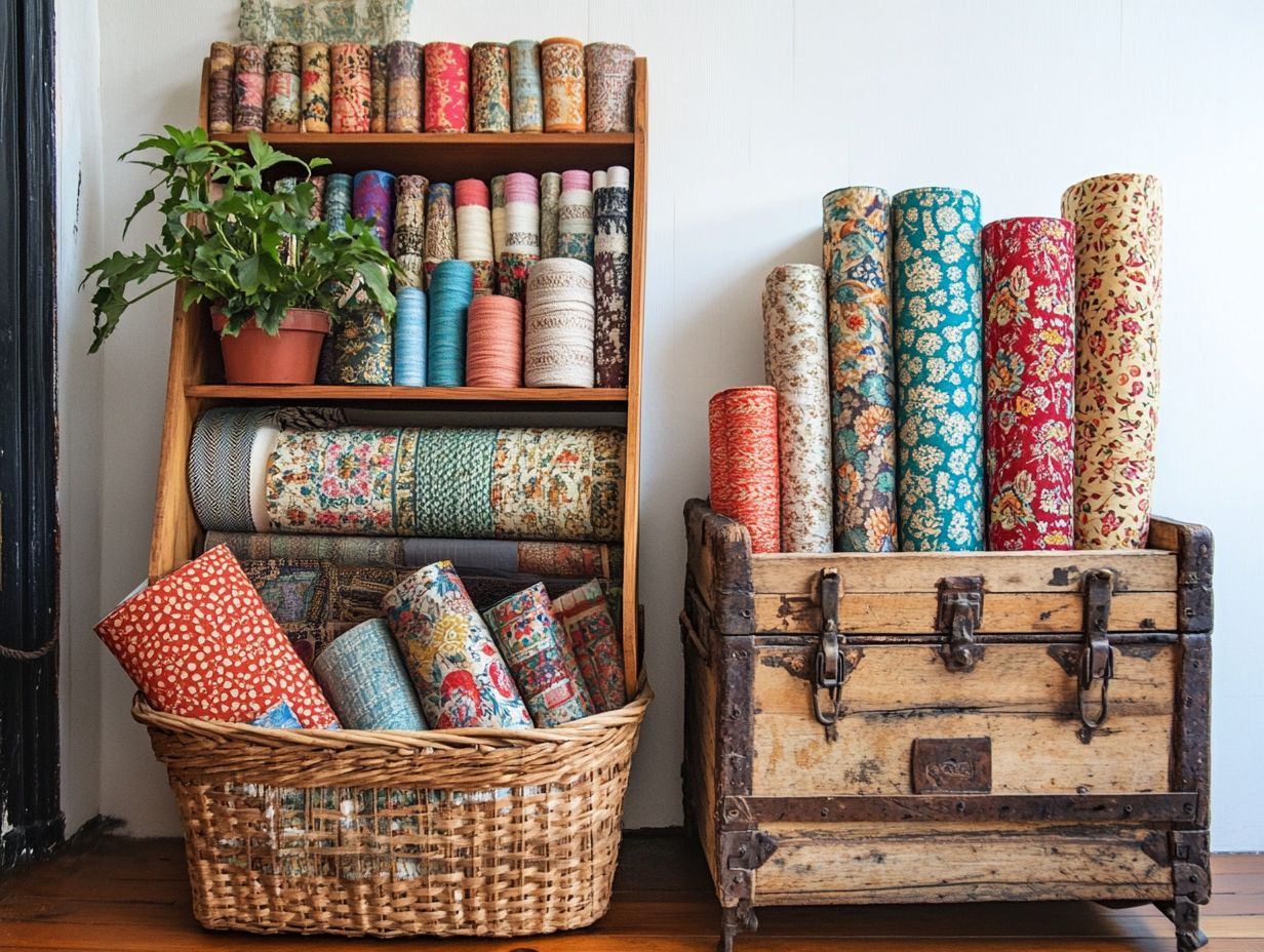 Various vintage fabrics stored neatly in plastic containers for preservation.