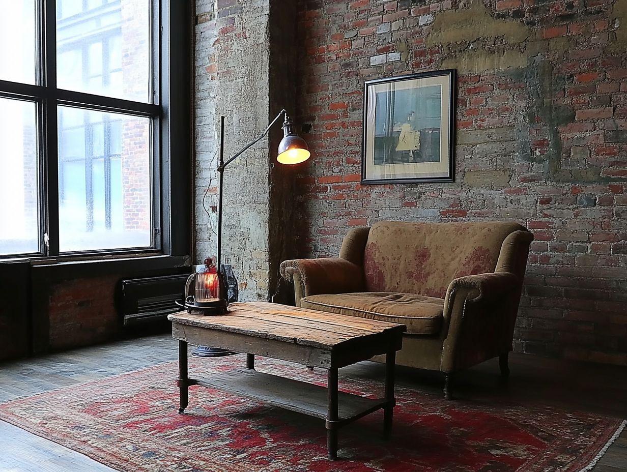 A beautifully arranged living space featuring a mix of vintage and industrial decor styles