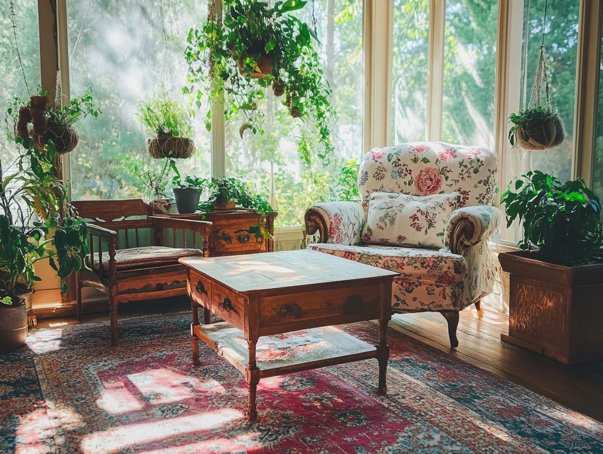 A beautifully decorated sunroom featuring vintage decor elements.