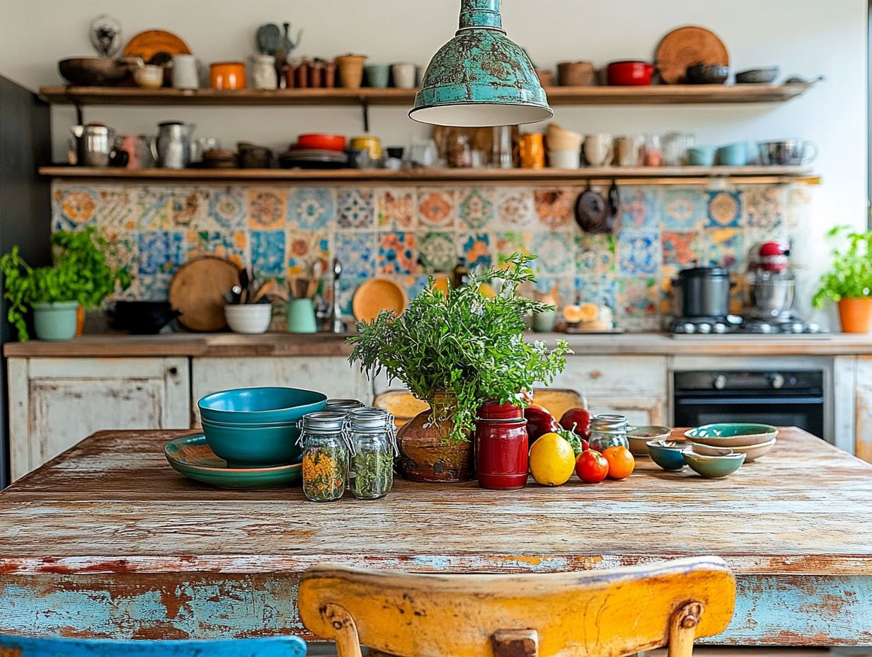 A cozy kitchen featuring vintage furniture, decor, and accessories