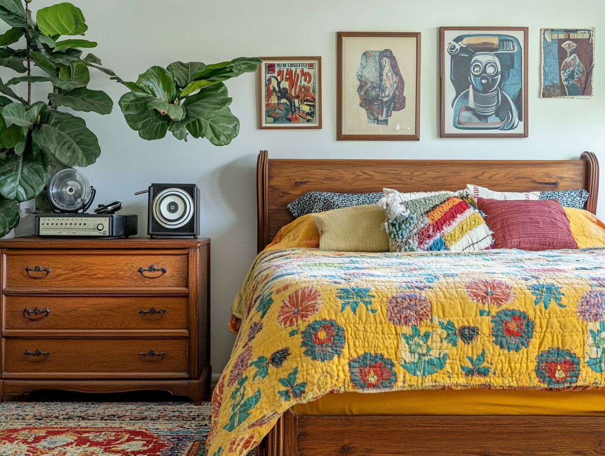 Key design elements for a retro-inspired bedroom featuring vintage pieces.