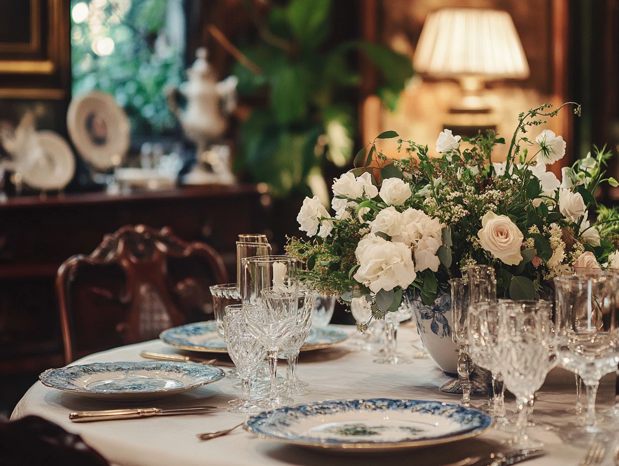 A beautifully arranged vintage dining space showcasing elegant decor.