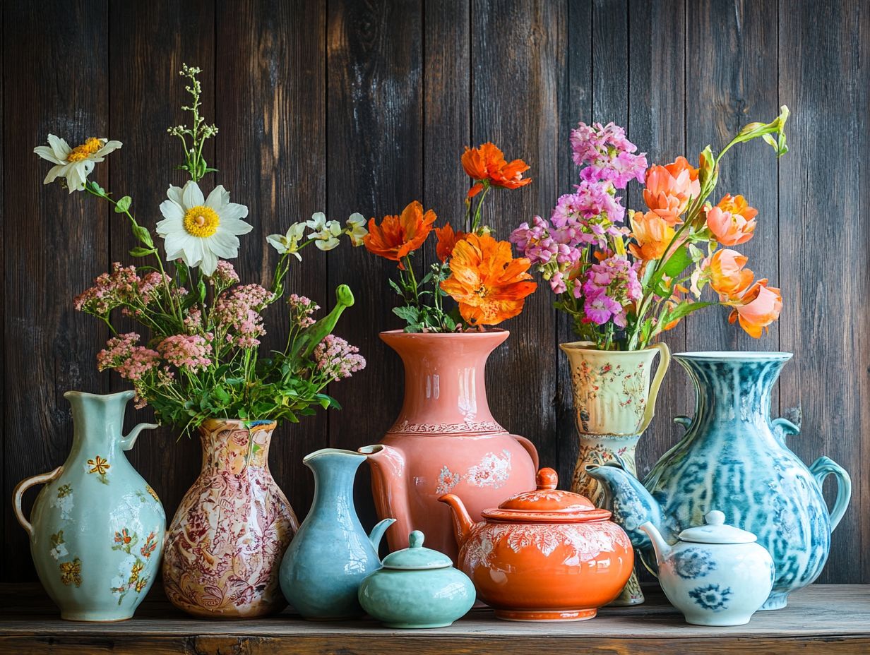 A collection of vintage ceramics and pottery displayed beautifully on a rustic table