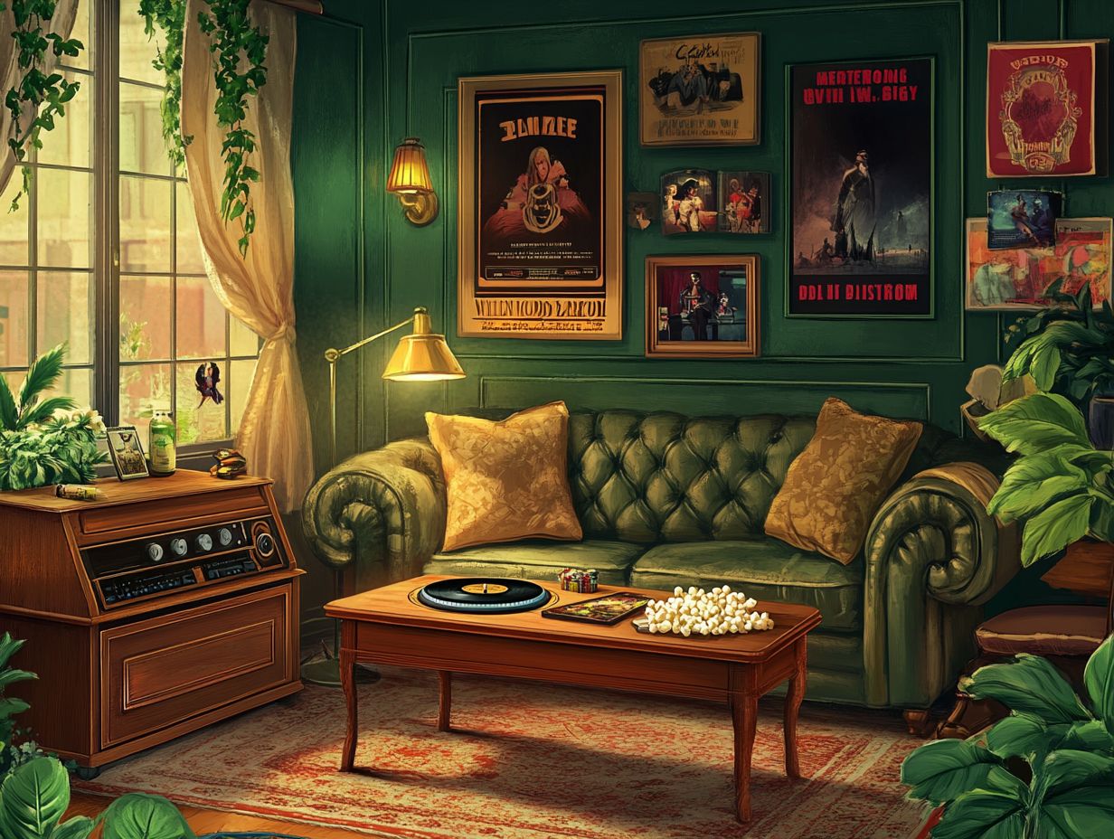 A beautifully arranged vintage entertainment room showcasing personal memorabilia.