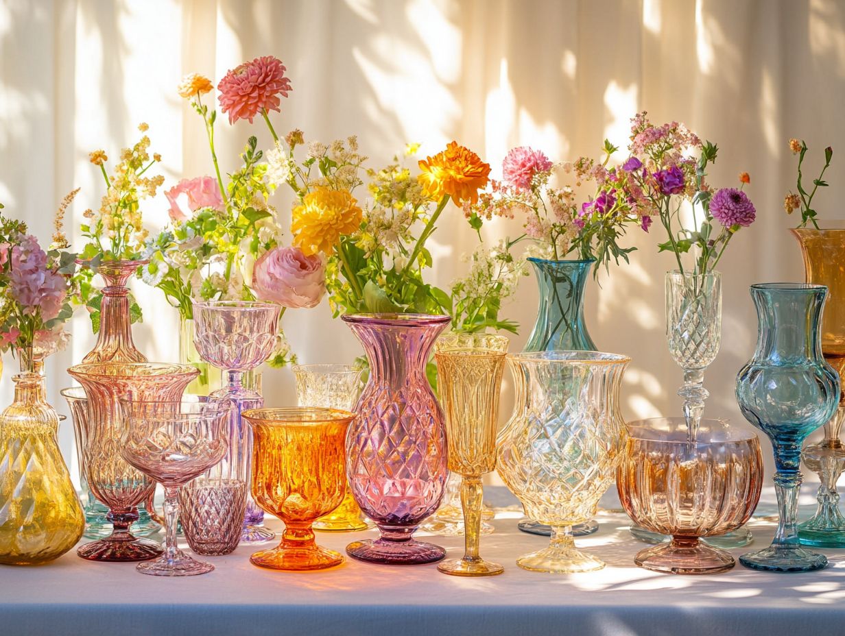 A collection of vintage glassware displayed in a modern home.