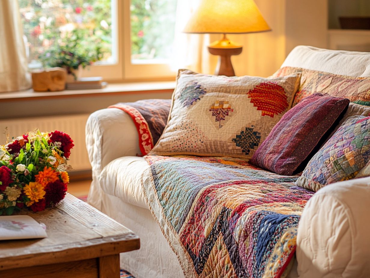 A vintage quilt displayed in a cozy living room