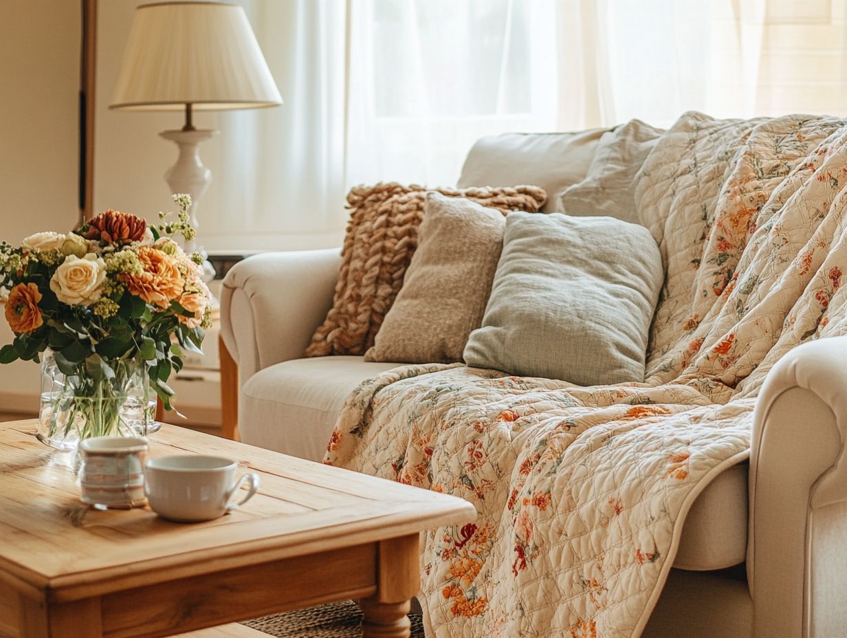 A beautiful vintage quilt displayed in a cozy living room