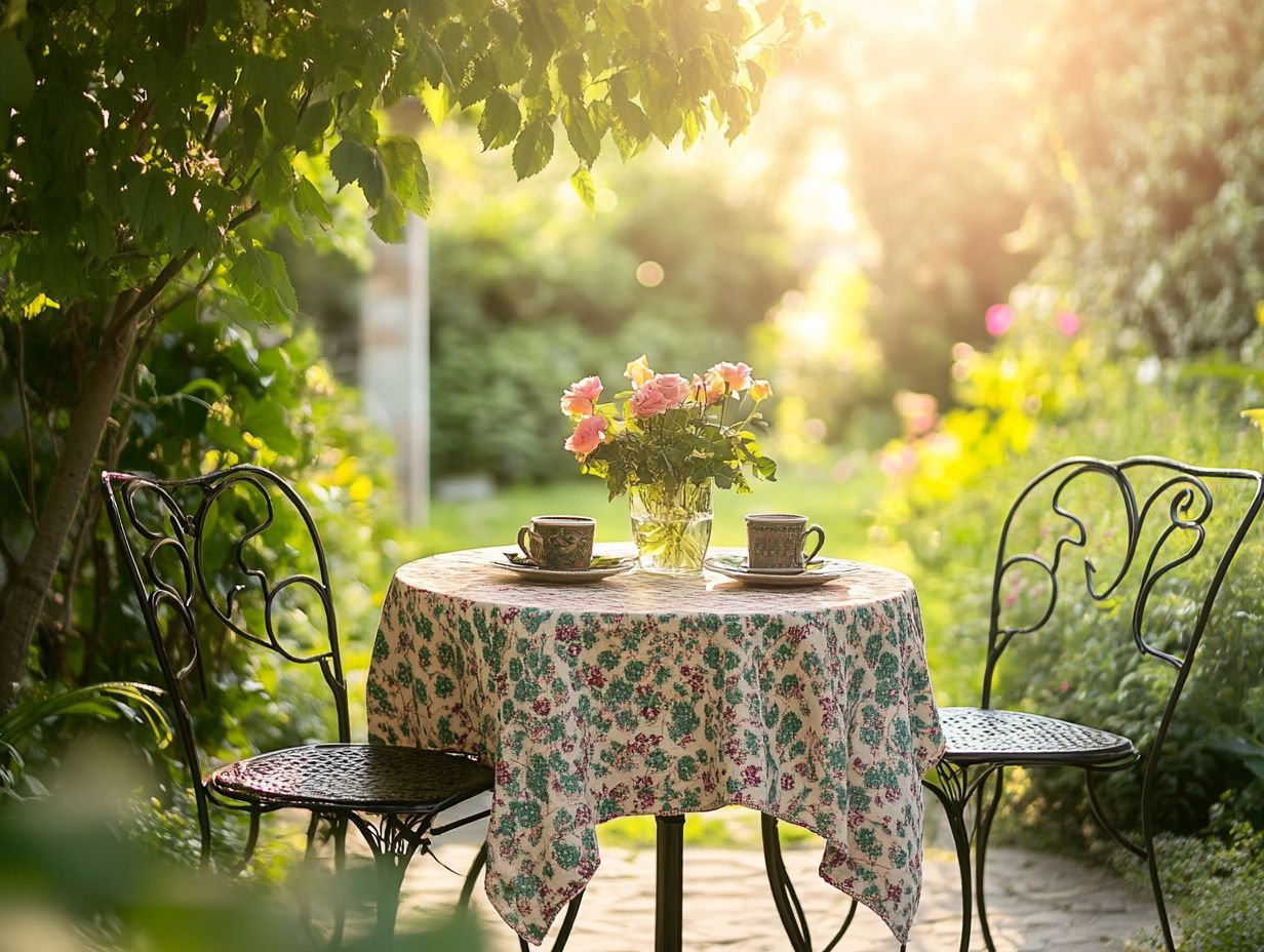 A beautifully styled outdoor vintage bistro set surrounded by flowers.