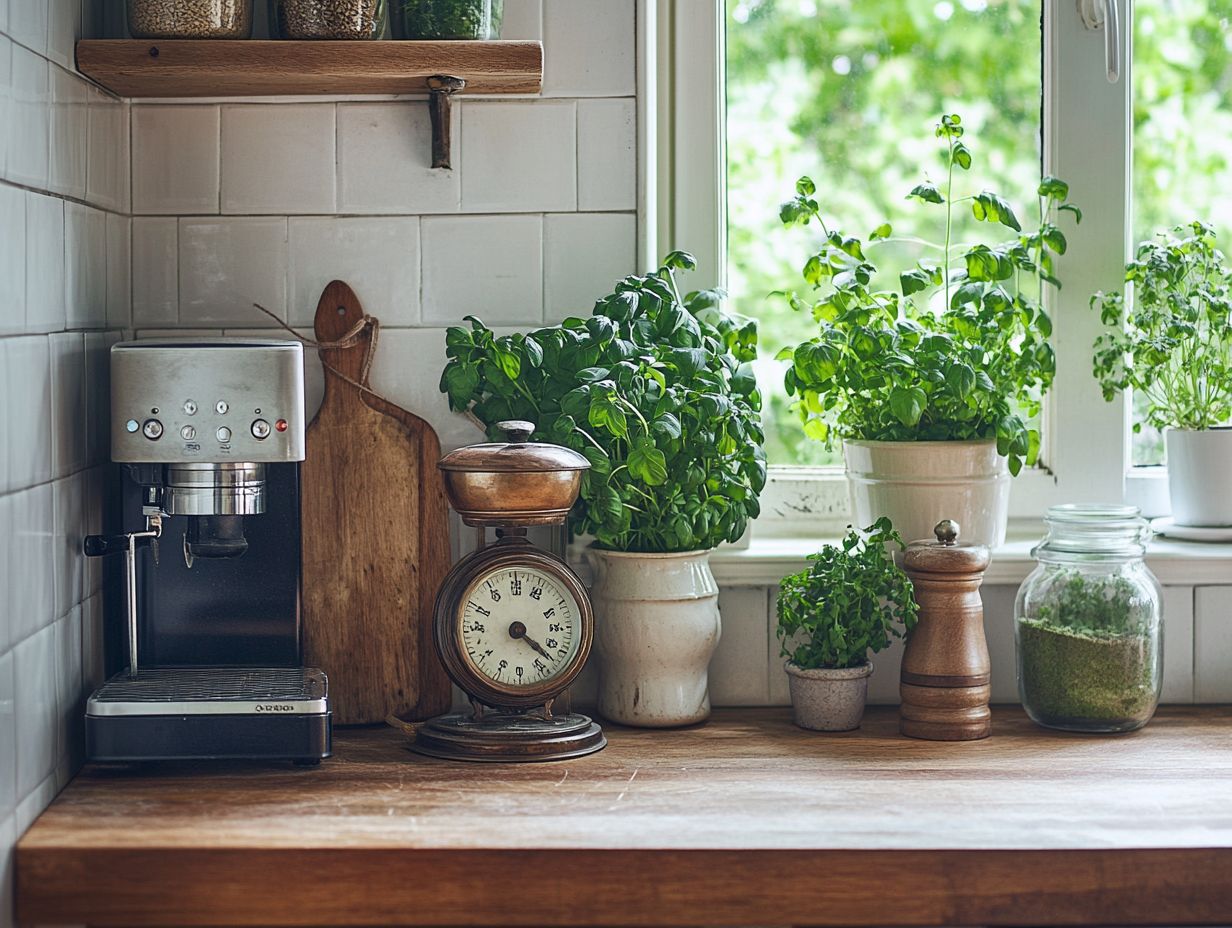 A modern kitchen featuring a blend of vintage accessories and contemporary design