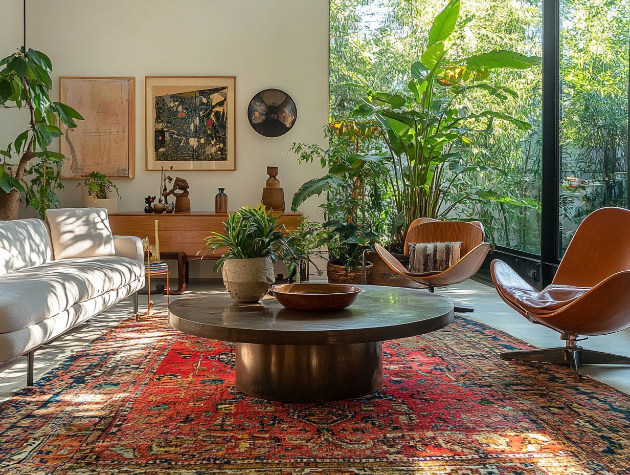 A beautifully styled living room featuring vintage metal furniture alongside modern decor.