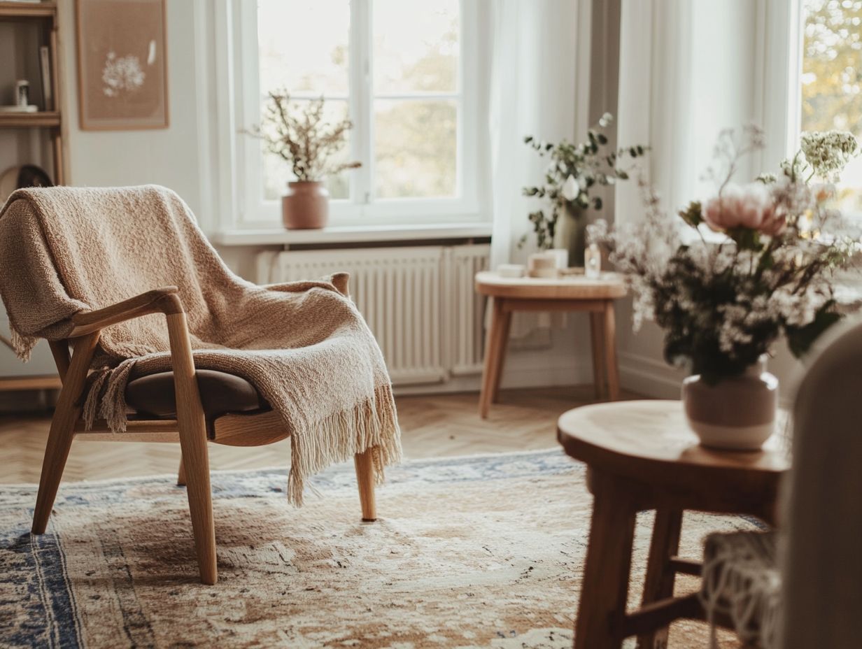 A beautifully arranged Scandinavian living space combining vintage and modern decor.